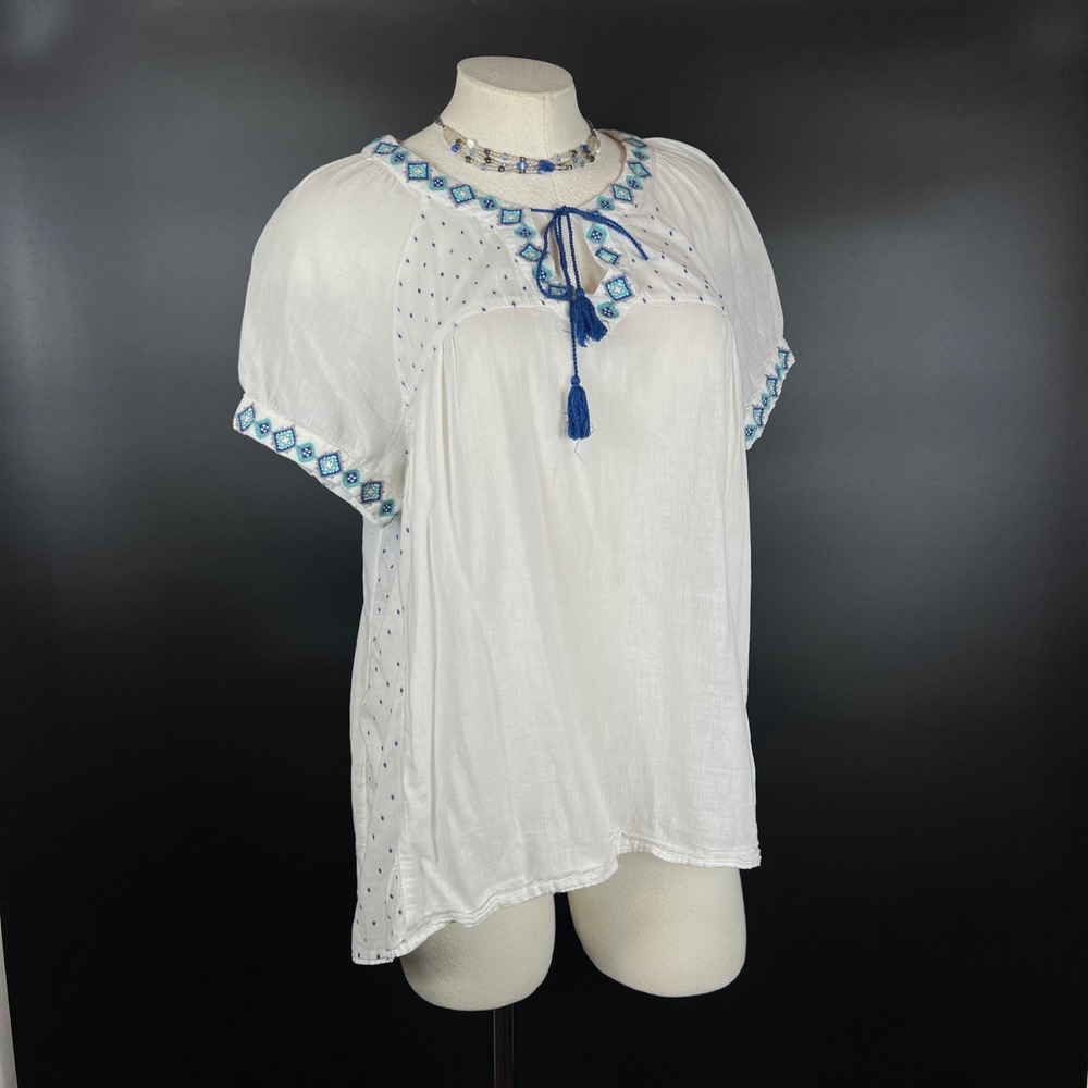 White Blue‎ Embroidered Peasant Tunic Top Tassel Tie Neck Boho Festival Womens L